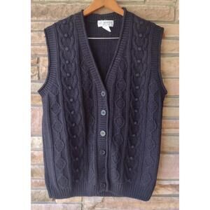 Vintage 90s Black Cable Knit Ramie Cotton Vest Large Hong Kong Cottagecore